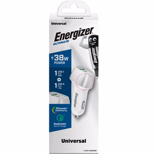 Energizer Ultimate D38WS autolaadija, USB-C + USB-A, 38 W PD + QC 3,0, valge ja hõbedane