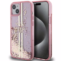 Guess Liquid Glitter kuldne Stripes ümbris jaoks iPhone 15 Plus / 14 Plus - roosa