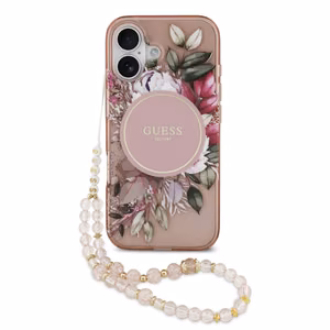 Чехол Guess IML Flowers Strap MagSafe для Apple iPhone 17, розовый