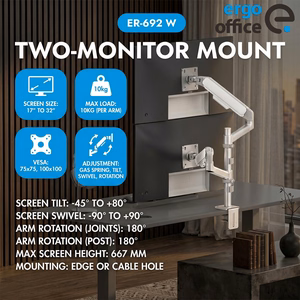 Ergo Office ER-692 W – dual gas-spring monitor arm for 17–32-inch screens, 1–10 kg per arm, matte white