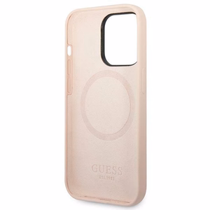 Guess Silicone Logo Plate MagSafe ümbris iPhone 14 Pro jaoks, roosa