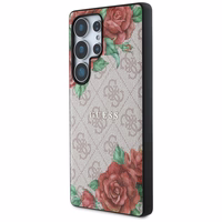 Guess Leather 4G Flowers Print Metal Classic Logo MagSafe Ümbris jaoks Samsung Galaxy S25 Ultra - roosa