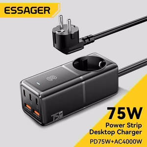 Laadija Essager Boru GaN must 75W (3xPD / 2xQC3.0 / 4kW-16A-250V)