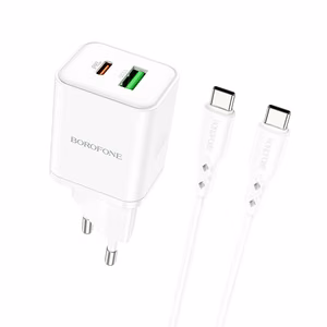 Borofone Wall Laadija BN7 - USB + Type C - QC 3.0 PD 20W with Type C to Type C Kaabel valge