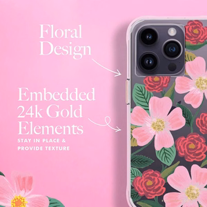 Rifle Paper Clear ümbris seadmele iPhone 14 Pro, kuldset tooni kaunistusega, Rose Garden mustriga