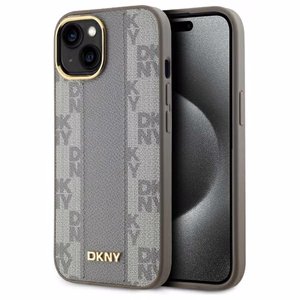 DKNY Leather Checkered Mono Pattern MagSafe iPhone 15 Plus Ümbris - Beige