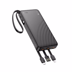 Akupank Hoco 10000 mAh 2A nelja sisseehitatud kaabliga USB A + USB C + Lightning + Micro USB J146 must