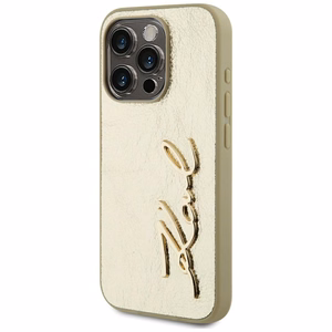 Karl Lagerfeld Wrinkled Metal Signature iPhone 15 Pro Ümbris - Kuldne