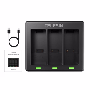 3-slot laadija Telesin jaoks GoPro Hero 12 / Hero 11 / Hero 10 / Hero 9