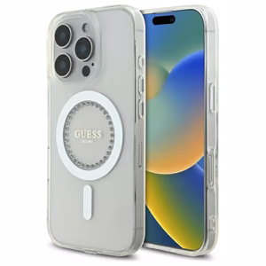 Guess IML Rhinestones MagSafe Ümbris jaoks iPhone 16 Pro - valge