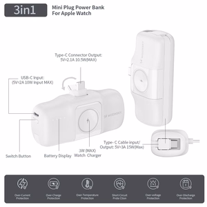 Wozinsky WF16-YCS 5000mAh 15W USB-C mini-toiteallikas sisseehitatud USB-C kaabliga ja Apple Watchi laadijaga - valge