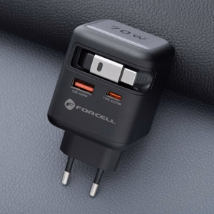 Phone laadija Forcell F-Energy GaN USB C + USB A + retractable kaabel USB C PD QC4.0 3A 70W VT-R7 hall