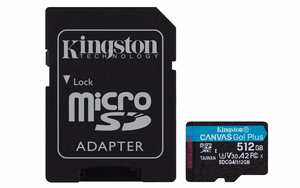 Kingston mälukaart 512GB microSDXC Canvas Go Plus Gen4 200MB/s A2 U3 V30 + adapter