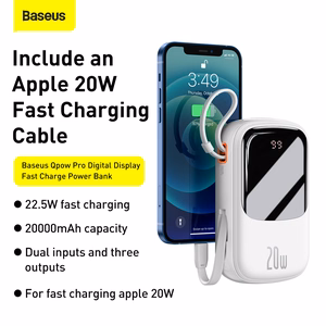 Baseus Akupank 20000mAh Qpow Pro - USB + Type C - PD 20W with Lightning kaabel (PPQD060202) valge