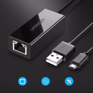 Ugreen 30985 väline võrgukaart Chromecast micro USB / USB-A pistikutega 100Mb/s 1m must