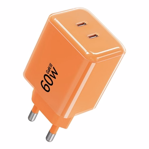 Telefonilaadija Forcell F-Energy GaN III Crystal Color, 2x USB C, AVS, SSFC3.0, 60W + silikoonkaabel USB C–USB C VT-60, oranž