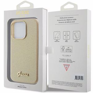 Guess Glitter Glossy Script ümbris jaoks iPhone 15 Pro - kuldne