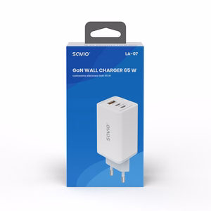 SAVIO LA-07 GaN 65W mains charger, USB, QC4.0+, PD 3.0, valge