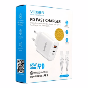 Mobiililaadija VEGER USB-A + Type-C PD QC3.0 3,25 A 65 W + kaabel USB-C–USB-C TR67, valge