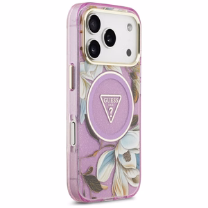 Guess IML Glitter Flowers Triangle MagSafe ümbris mudelile iPhone 17 Pro / 18 Pro – lilla