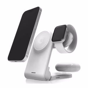 STM ChargeTree MAG kaasaskantav kolm-ühes juhtmevaba laadimisjaam iPhone'ile, Apple Watchile ja AirPodsidele, MagSafe'iga ühilduv, valge