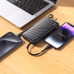 Akupank Hoco 10000 mAh 2A nelja sisseehitatud kaabliga USB A + USB C + Lightning + Micro USB J146 must