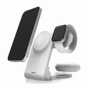 STM ChargeTree MAG kaasaskantav kolm-ühes juhtmevaba laadimisjaam iPhone'ile, Apple Watchile ja AirPodsidele, MagSafe'iga ühilduv, valge