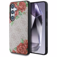 Guess Leather 4G Flowers Print Metal Classic Logo MagSafe Ümbris jaoks Samsung Galaxy S25 - roosa