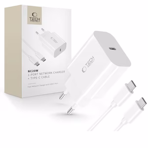 Tech-Protect NC20W PD20W USB-C wall laadija koos USB-C kaabel - valge