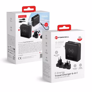 Multifunction laadija Forcell F-Energy 6in1 USB A + USB C PD 45W + akupank 15000 mAh + juhtmevaba charging 15W must