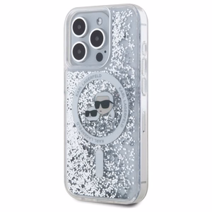 Karl Lagerfeld Liquid Glitter Karl & Choupette Head Magsafe iPhone 15 Pro Ümbris - Clear