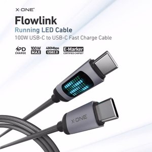 X-ONE FlowLink liikuva LED-valgusega andmekaabel – C–C tüüpi – 5A, kuni 100W, 1,2m, must