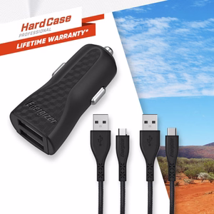 Energizer HardCase DC2BLCMM autolaadija, 2 × USB-A, 2,4 A, USB-C- ja Micro-USB-kaabliga, must