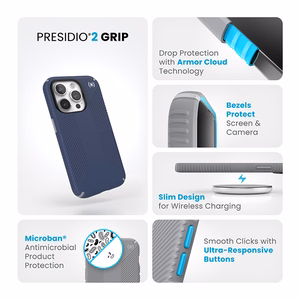 Speck Presidio2 Grip ümbris seadmele iPhone 15 Pro, Coastal Blue / Dust Grey värvitoonis
