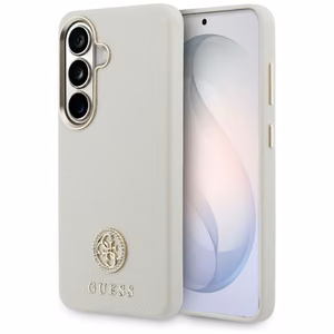 Guess ümbris Rhinestone Round Logo MagSafe Samsung Galaxy S26 Plus beež