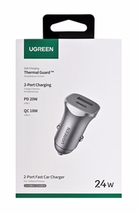 Ugreen USB Type-C / USB 24W Power Delivery Quick Charge auto laadija hall (30780)