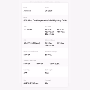 Joyroom fast car Laadija 4 in 1 PD, QC3.0, AFC, FCP with Lightning kaabel 1.6m 57W must (JR-CL20)