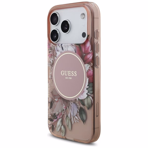 Guess IML Flowers Pearl Strap MagSafe Ümbris jaoks iPhone 17 Pro - Roosa