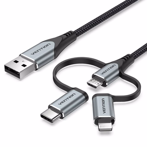 Vention USB 2.0 A Male to 3-in-1 Micro-B & USB-C & Lightning Male kaabel 1 m, hall alumiiniumsulami tüüp
