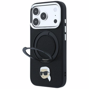 Must Karl Lagerfeldi MagSafe-ümbris 360° rõngasaluse ja Karli pea embleemiga iPhone 18 Pro Max / 17 Pro Max telefonile