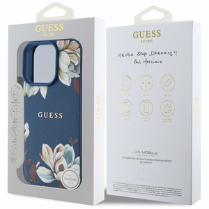 Guess Grained Printed Flower Pattern MagSafe ümbris jaoks iPhone 16 Pro sinine