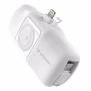 Wozinsky WF16-YLS 5000mAh 15W Lightning Mini Power Bank sisseehitatud USB-C kaabliga ja Apple Watchi laadijaga - valge