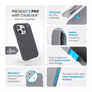 Speck Presidio2 Pro ClickLock MagSafe ümbris seadmele iPhone 15 Pro, söehall ja külmpronkjas