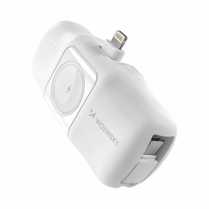Wozinsky WF16-YLS 5000mAh 15W Lightning Mini Power Bank sisseehitatud USB-C kaabliga ja Apple Watchi laadijaga - valge