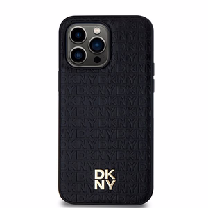 DKNY Leather Pattern Metal Logo MagSafe ümbris jaoks iPhone 13 Pro Max - must