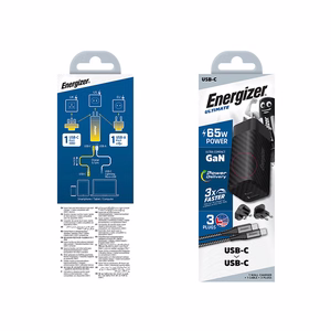Energizer Ultimate A65MUC GaN reisilaadija EU / UK / US pistikutega, USB-C + USB-A, 65 W PD, USB-C-kaabliga, must