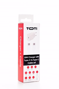 SEEK TOTI 20W Type-C PD сетевое быстрое зарядное устройство с кабелем Type-C – Type-C 1 м PVC 3A, белый