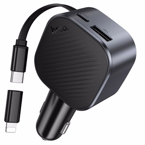 Autolaadija Hoco Z68, USB-A + USB-C, PD QC3.0, 45 W, väljatõmmatava USB-C-kaabliga, must