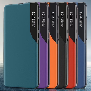 Eco Leather View Case elegantne raamaturiiuli tüüpi ümbris koos jalutusalusega Samsung Galaxy A72 4G lillakale