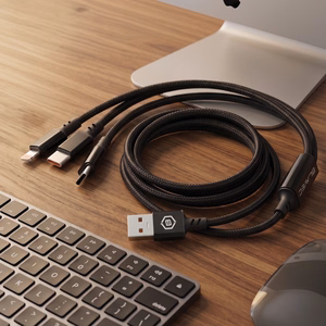 Blavec Cable Trixo braided - USB to 2xType C + Lightning - QC 18W PD60W 3A 1,3 metres (CTR-U2CL3B13) black